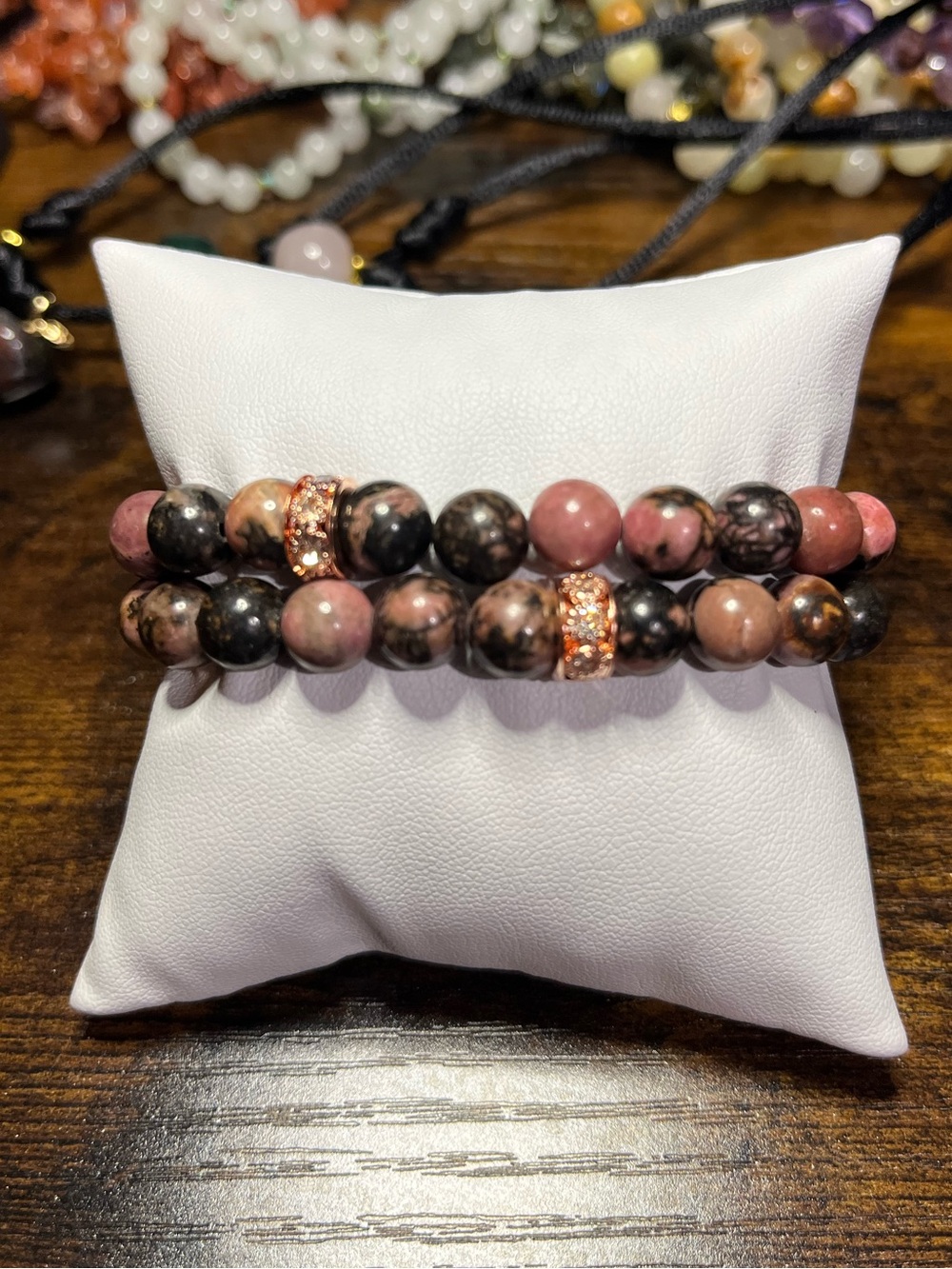 Natural Rhodonite 2-Bracelet Stack w/ Rose Gold Pave Accents